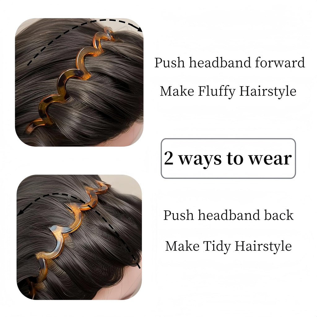 USHJNV New U Shape Fashion Tooth Hair Comb Headband, High Cranium Head Bands for Women's Hair, Reversible Korean Headbands with Teeth, Zigzag Headbands for Women (Amber color + Glossy black,2 Pieces)