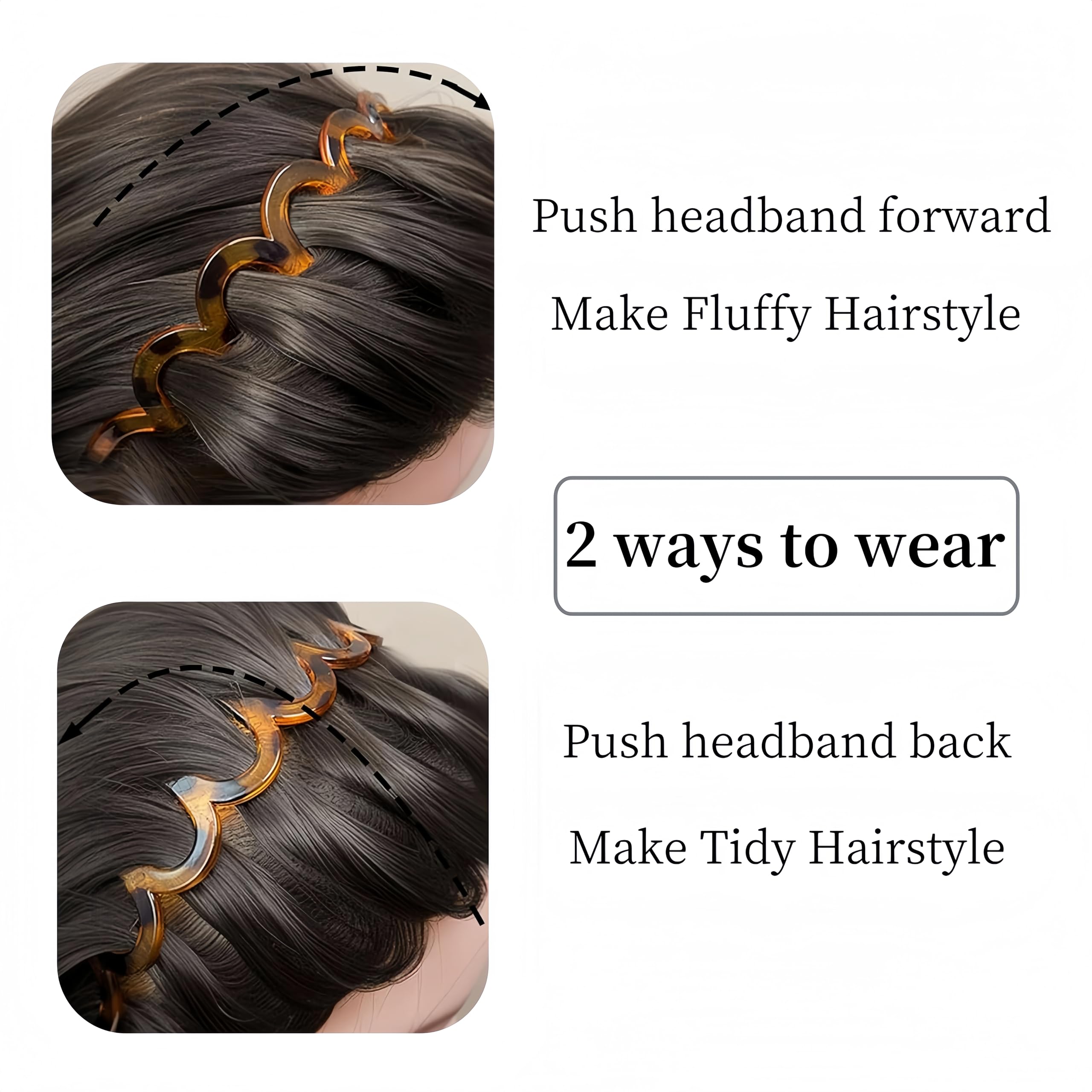 USHJNV New U Shape Fashion Tooth Hair Comb Headband, High Cranium Head Bands for Women's Hair, Reversible Korean Headbands with Teeth, Zigzag Headbands for Women (Amber color + Glossy black,2 Pieces)