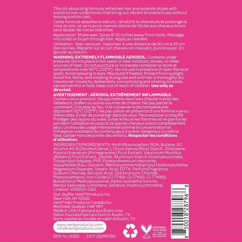 VERB Dry Shampoo Dark - Refreshing Spray to Absorb Oils & Extend Styles - Vegan, Paraben-Free Formula