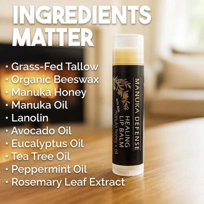 BALM OF GILEAD Manuka Defense Healing Lip Balm - Intensive Moisture Therapy in Tube w/Manuka, Tea Tree & Cooling Peppermint - Ideal for Chapped & Cracked Lips - Beauty Pack Of 4-0.15 oz