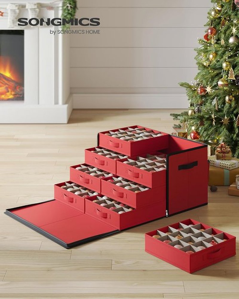 SONGMICS Large Christmas Ornament Storage Box - Stackable Container with 128 Slots & Lid, Cherry Red