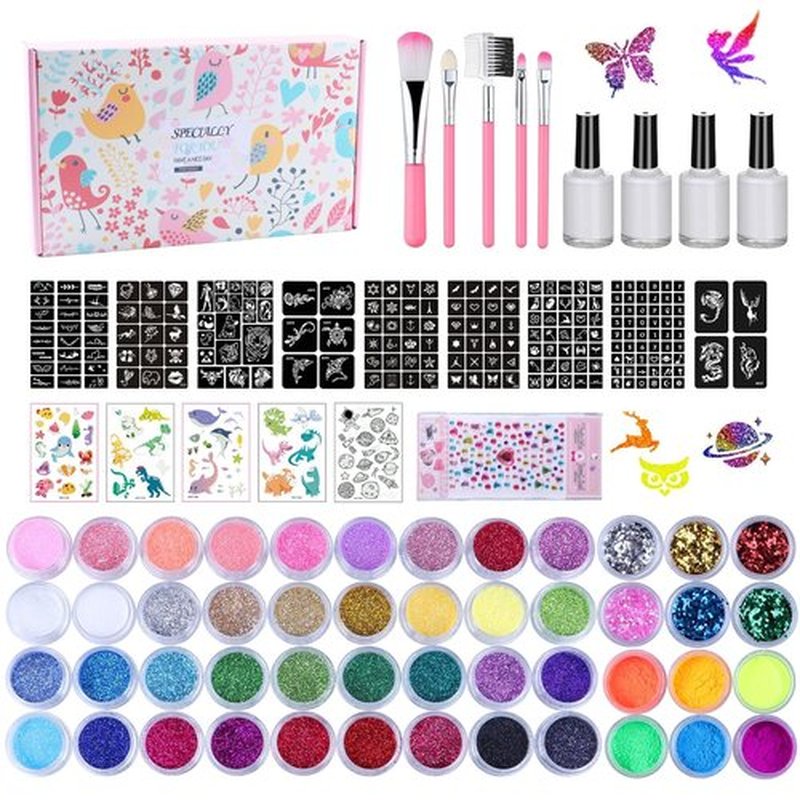 Temporary Glitter Tattoo Kit for Kids & Adults, LCDGTJ 42 Glitter & 6 Fluorescent Color, 209 Stencils, 4 Glue, 5 Brushes, 1 Diamond Sticker, Safe & Easy Removal Face Body Art Birthday Party Supplies