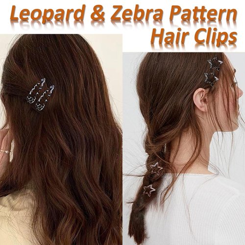 Metal Snap Hair Clips,8 Pairs Hair Barrettes for Women - Star & Water Drop Hair Barrettes, Non-Slip Y2K Accessories for Thin Thick Hair,Leopard and Zebra Print