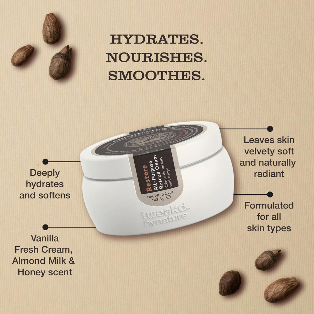 Tweak’d by Nature - Restore All-Purpose Rescue Cream for Dry Skin, Moisturizing 5-in-1 Formula Replaces AM, PM, Eye Cream, Hydrating Body Lotion for Women, and Primer, Fragrance Free (5.25oz)