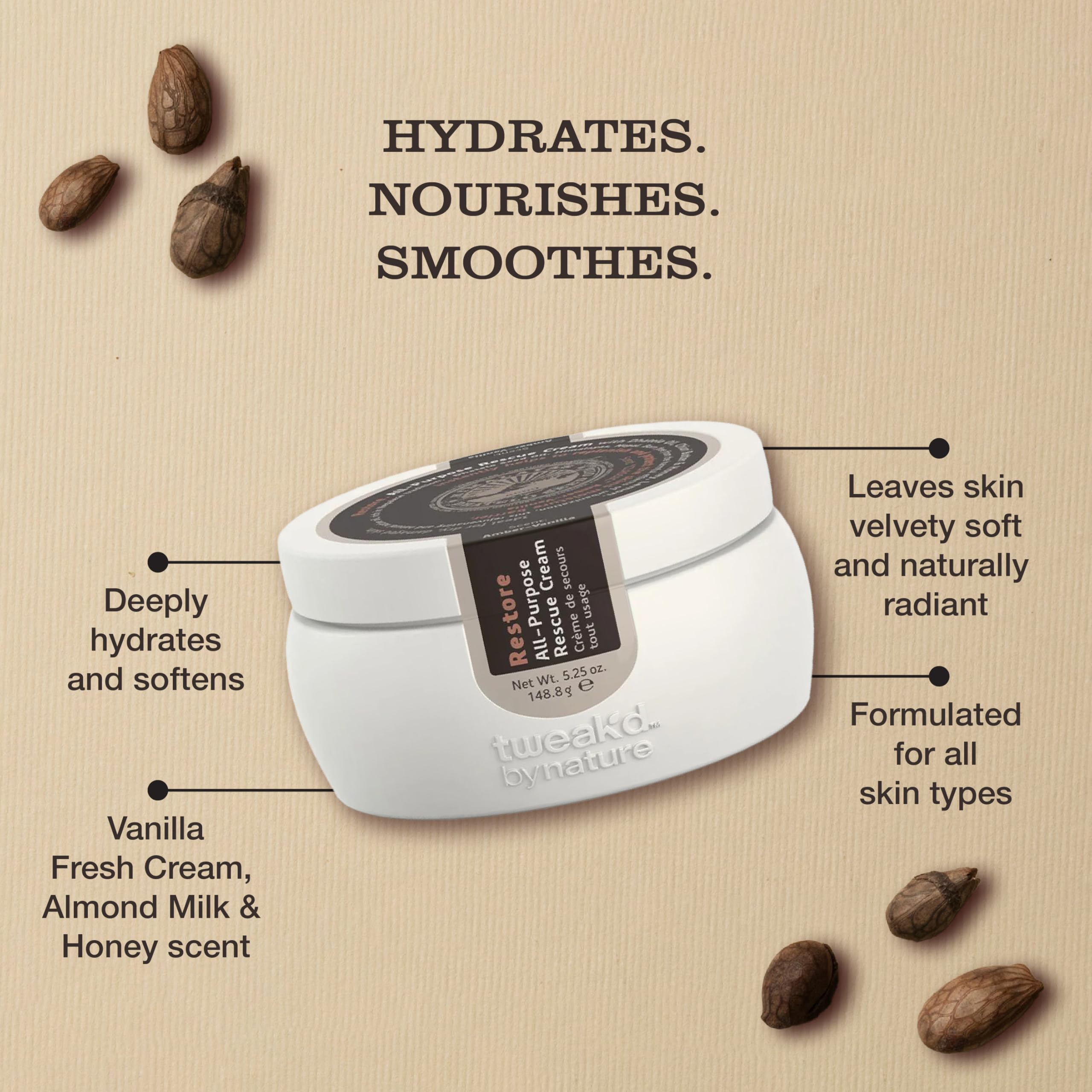 Tweak’d by Nature - Restore All-Purpose Rescue Cream for Dry Skin, Moisturizing 5-in-1 Formula Replaces AM, PM, Eye Cream, Hydrating Body Lotion for Women, and Primer, Fragrance Free (5.25oz)