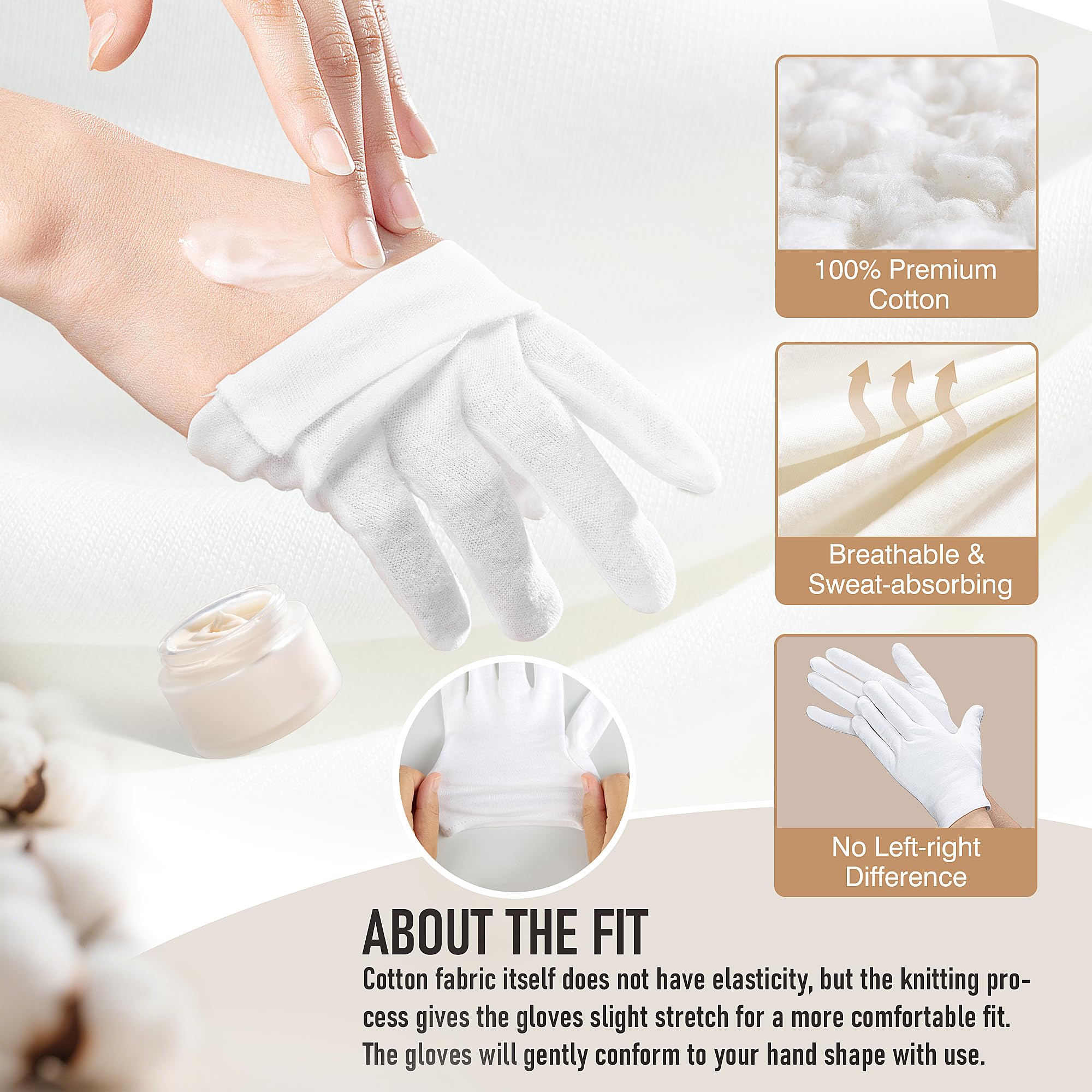 COOLJOB 100% Cotton Gloves, 6 Pairs White Cotton Gloves for Dry Hands Moisturizing & Eczema, Overnight Lotion, Sleep & Spa Treatment for Women & Men, Breathable Work Glove Liners, Large Size