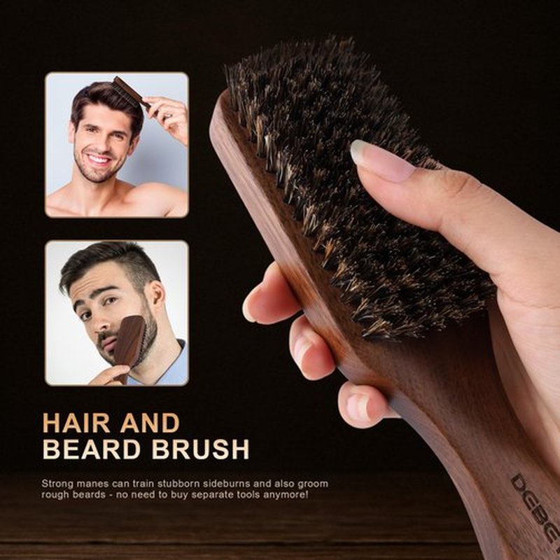 DEBETOOL Natural Walnut Wood Mens Hair Brush - Stiff Boar Bristle Men's Hair Brush for Thin Hair Detangling, Beard Straightens