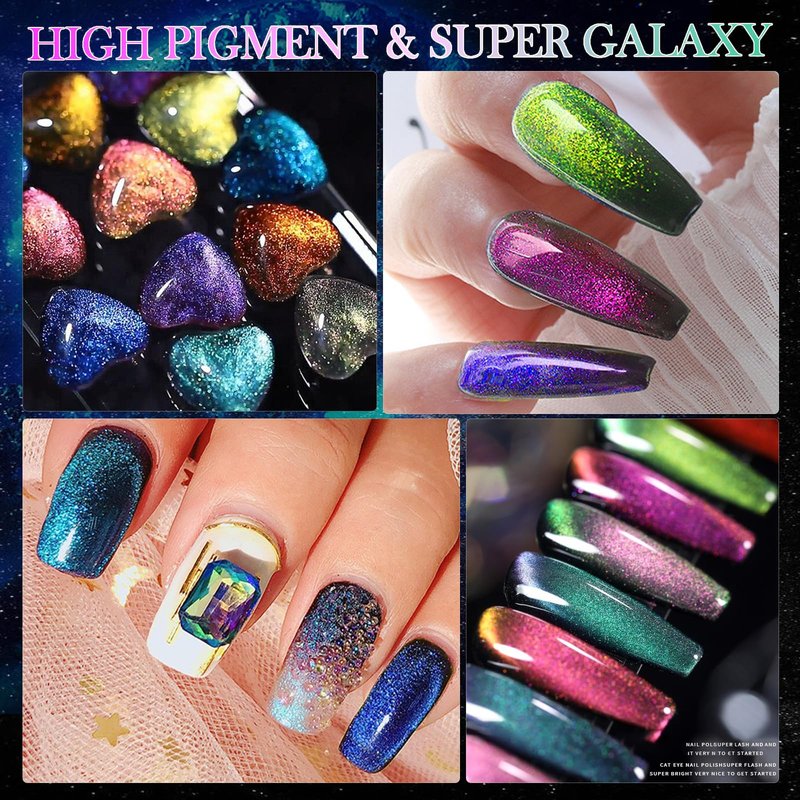 YEPYEPGO 9D Cat Eye Gel Nail Polish Set 12 Colors, Cat Eye Gel Polish with Magnet, Magnetic Cateye Chameleon Galaxy Effects Professional Use for Salon