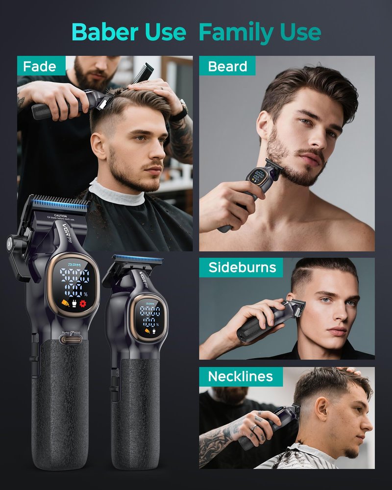 VGRPRO Professional Hair Clippers for Men, Professional Barber Clippers and Trimmer Set, Cordless Hair Clippers for Hair Cutting with Package Case, Powerful 9000 PRM Rechargable Electric (Black)
