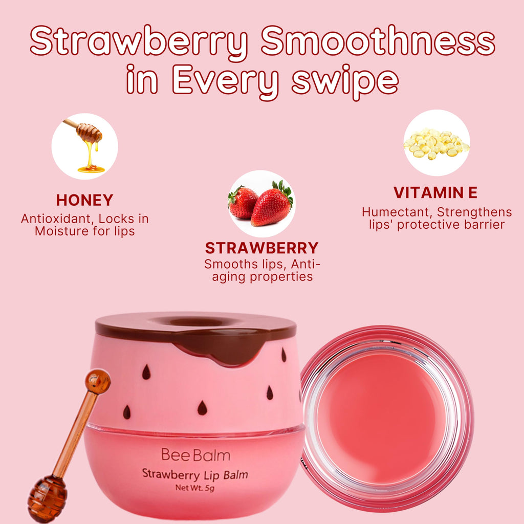 Original Bee Balm Lip Balm, Strawberry Hydrating Lip Balm, Lip Butter for Dry and Cracked Lips, Propolis Honey Lip Mask, Lip Moisturizing Mask, Reduces Lip Lines, Original Beeswax with Vitamin E