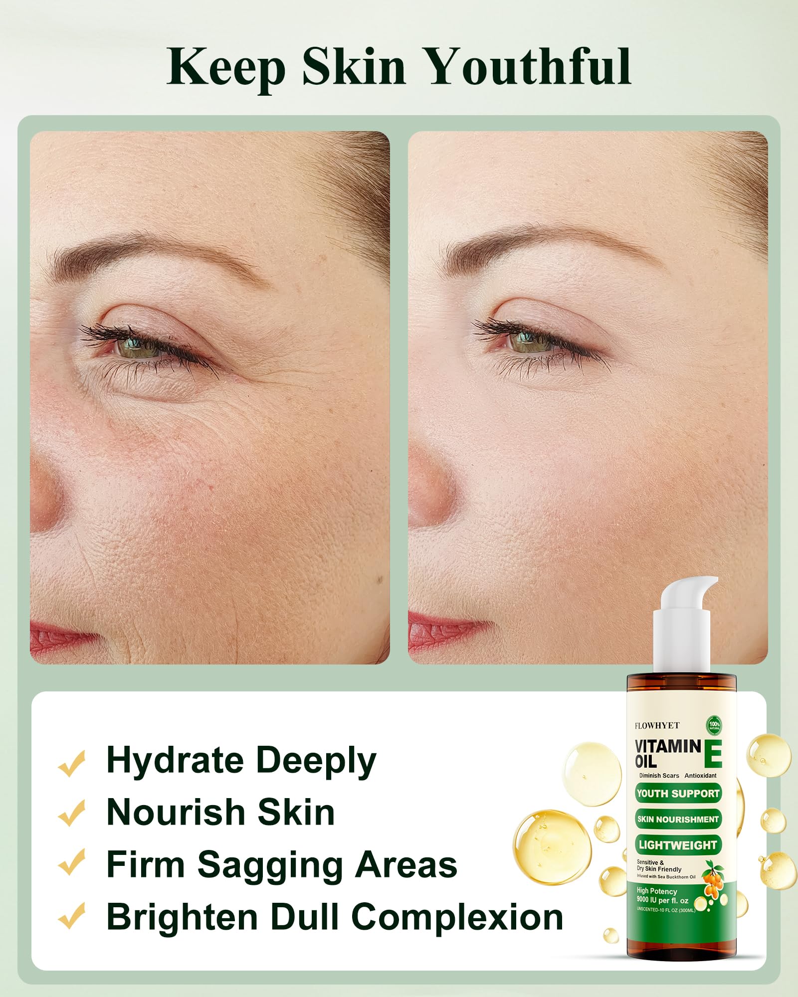 FLOWHYET 16 Floz Pure Vitamin E Oil For Scars, Organic vit e Nail Oil for Face, Skin, Body and Hair, Nourish Dry Skin, Maintain Youthful, Antioxidant, Fade Scars LIGHTWEIGHT - 500ml