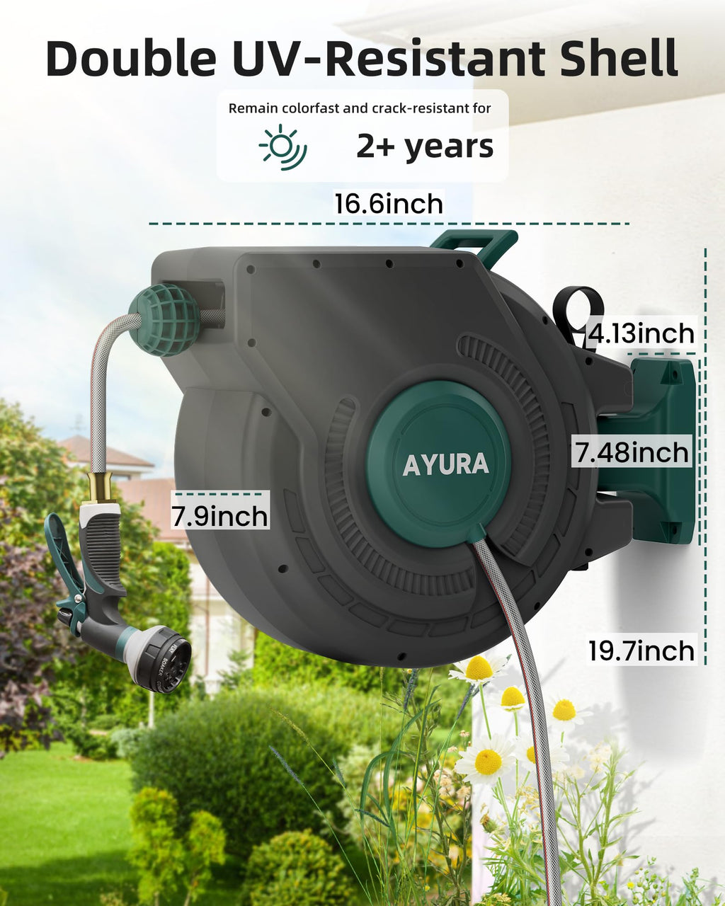 AYURA Retractable Garden Hose Reel 100 ft x 1/2 inch with Pro Metal Shaft, Heavy Duty Automatic Garden Hose Reels with Kink-Free Rewind and Lock at Any Length, Wall Mount Water Hose Reel for Outside