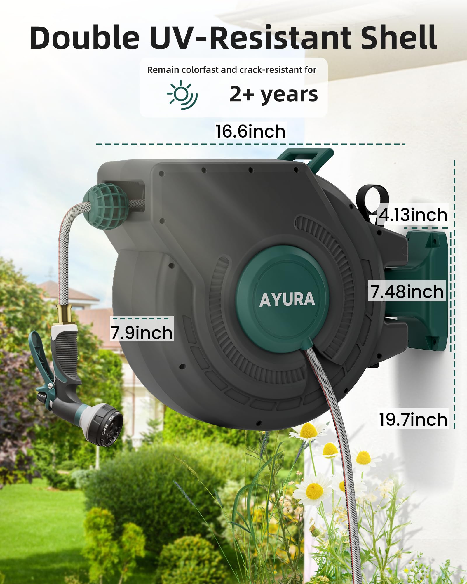 AYURA Retractable Garden Hose Reel 100 ft x 1/2 inch with Pro Metal Shaft, Heavy Duty Automatic Garden Hose Reels with Kink-Free Rewind and Lock at Any Length, Wall Mount Water Hose Reel for Outside