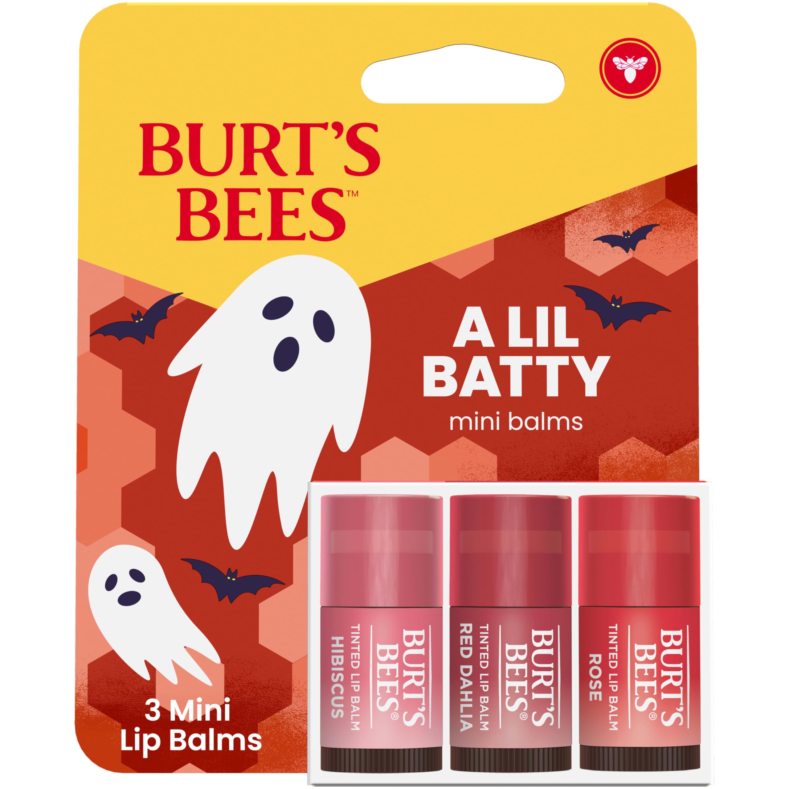 Burt's Bees A Lil Batty Halloween Minis Hibiscus, Red Dahlia and Rose Tinted Lip Balm Gift Set, 100% Natural Origin Lip Care, 3 Tubes, 0.049 Oz. (Package May Vary)