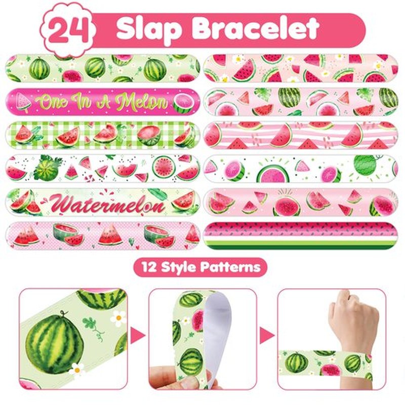 48 PCS Watermelon Party Set 24 PCS Watermelon Tattoos & 24 PCS Slap Bracelets Fun Summer Birthday, Baby Shower, Classroom Rewards, Decorations & Gifts for Kids