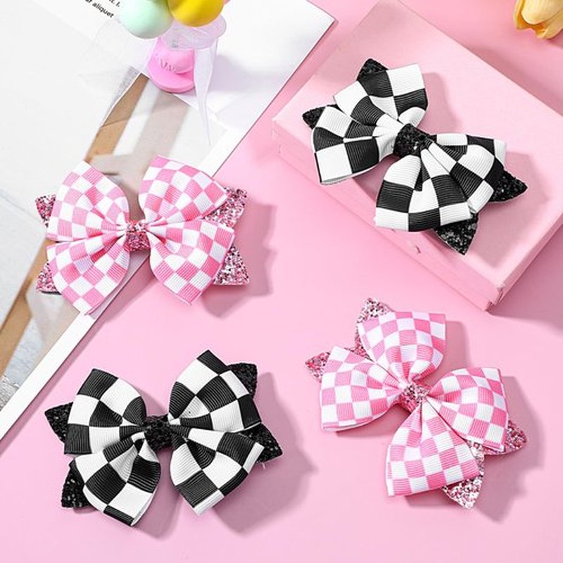 4 Pcs Glitter Pink Checkered Flag Bow for Girls Women, 4 Inch Baby Bows Clips Checker Racing Checkered Flag Hair Bow Clip, Alligator Clips Barrettes Race Fan Car-Themed Birthday Party Gift Accessories