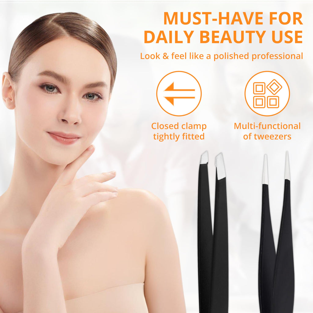 Premium 2-Piece Tweezer Set Hand-Finished Stainless Steel Slant & Pointed Tips for Precise Hair Removal