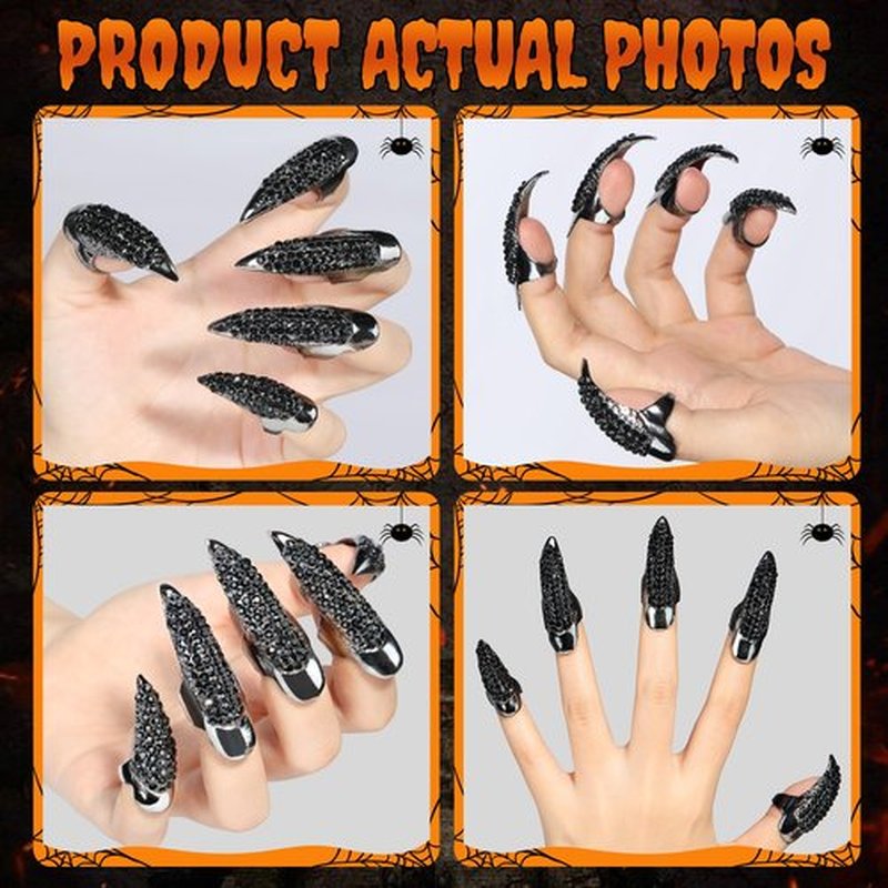 10PCS Adjustable Claws Ring Set Fake Nails Finger, Gothic Punk 3 Sizes Crystal Retro Metal Nail Rings Jewelry Fingertip Vampire Demon Cat Cosplay Accessories Women Costume Black
