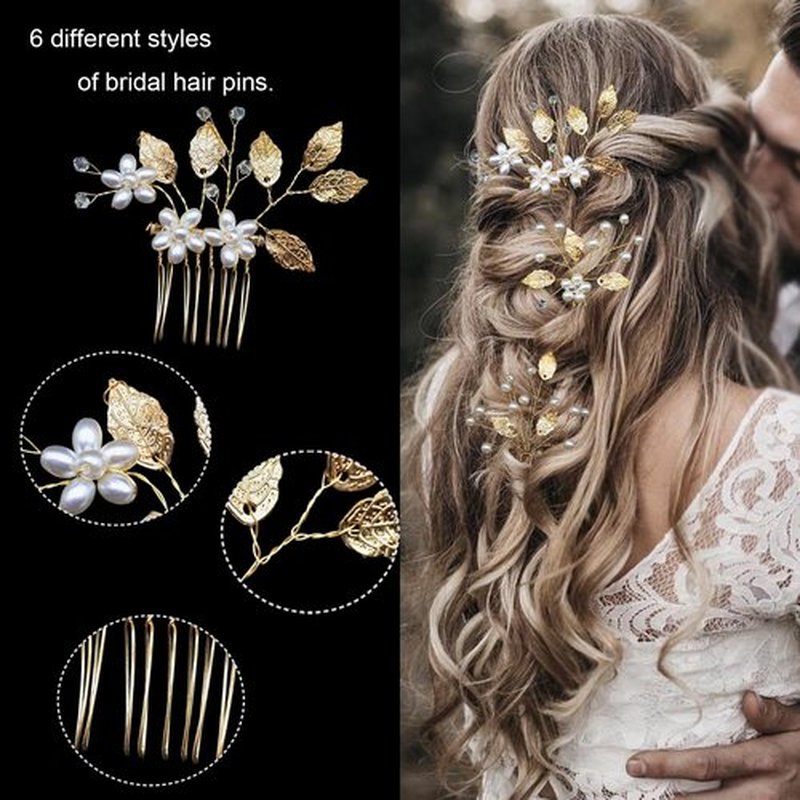 Mulzile 6 Pieces Bridal Wedding Hair Pins Gold Leaf Hair Pins Clips Crystal Pearl Flower Headpiece Vintage Wedding Hair Accessories for Brides Bridesmaids Women Girls