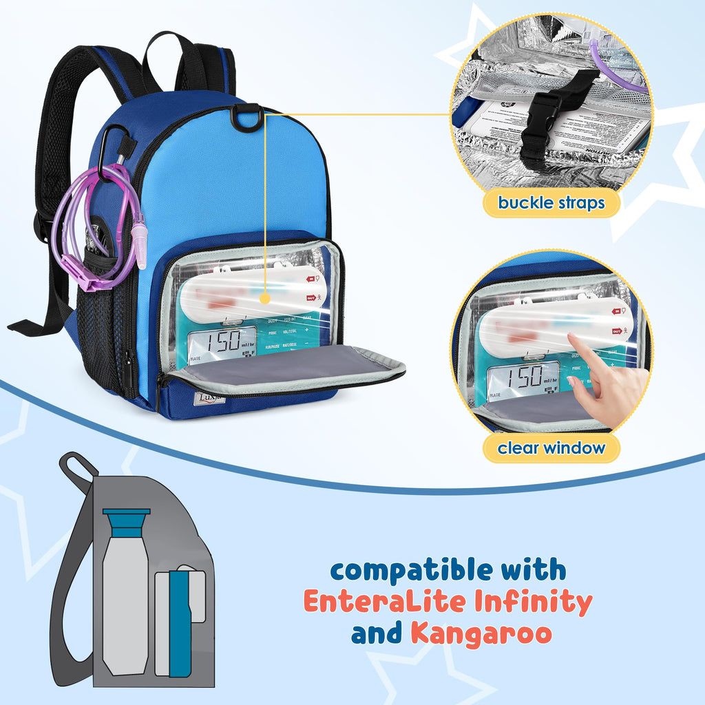 LUXJA Feeding Tube Backpack Fits 500ml Bag and Enteral Feeding Pump (Compatible with EnteraLite Infinity and Kangaroo Joey), Feeding Tube Bag for G Tube, J Tube and GJ Tube, Blue