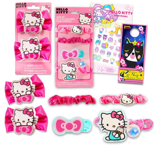 Hello Kitty Hair Accessories Set for Kids - Bundle with 2 Bows, 3 Elastics and 1 Clip, Tattoos, and More | Hello Kitty Accessories for Girls