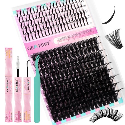 GEMERRY Lash Clusters Kit 80D Long 12-21mm with Spikes Cluster Eyelash Extensions Kit DIY Wispy Natural Lash Clusters with Lash Bond and Seal Spiky Individual Lashes Eyelashes