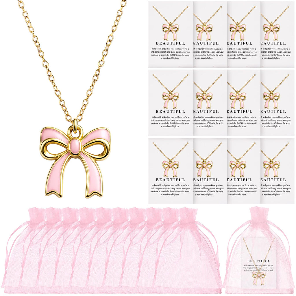 Tondiamo 12 Set Coquette Pink Bow Party Favors Bow Necklace for Women Coquette Bowknot Jewelry Bulk Ribbon Pendant Necklace Gift for Birthday Baby Shower