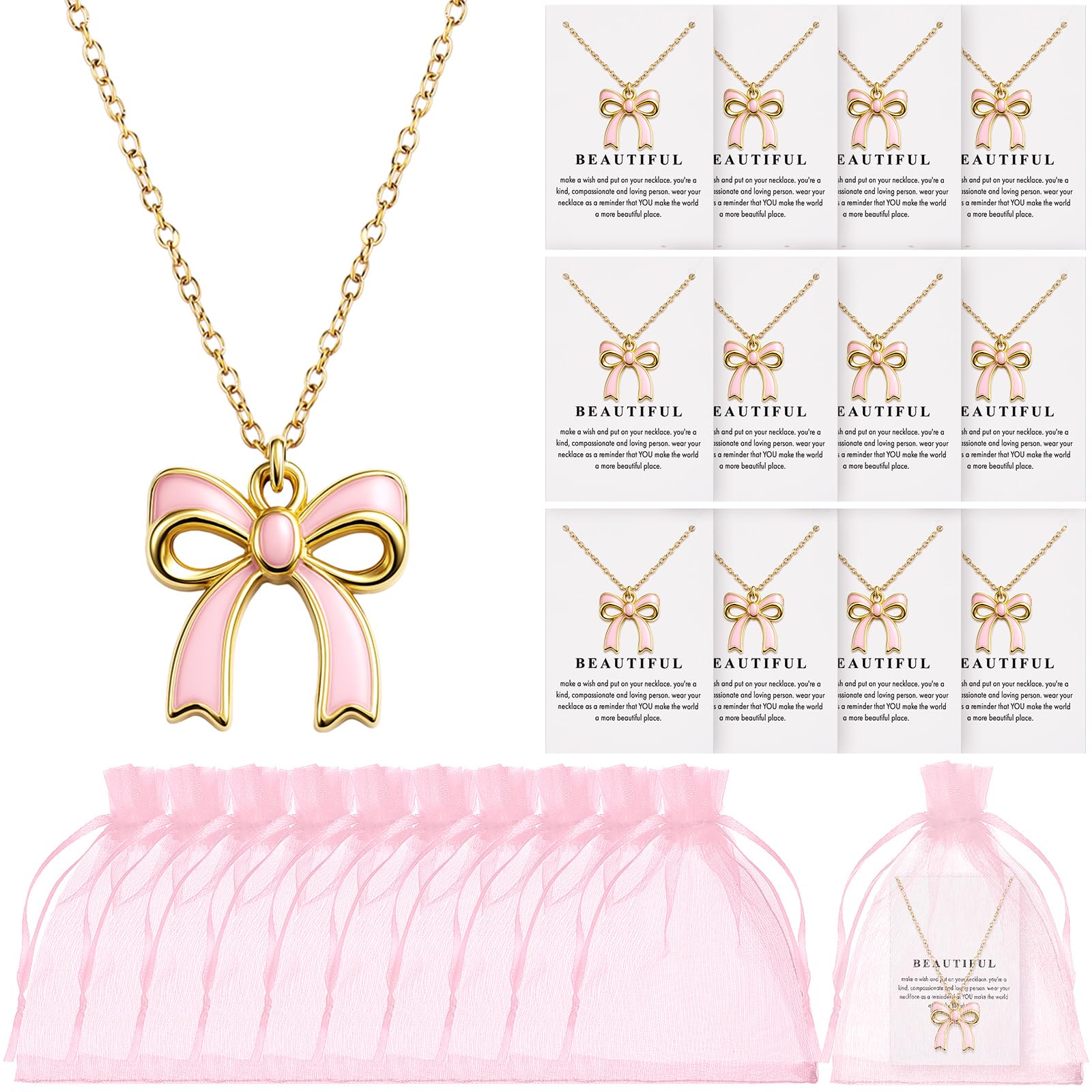 Tondiamo 12 Set Coquette Pink Bow Party Favors Bow Necklace for Women Coquette Bowknot Jewelry Bulk Ribbon Pendant Necklace Gift for Birthday Baby Shower