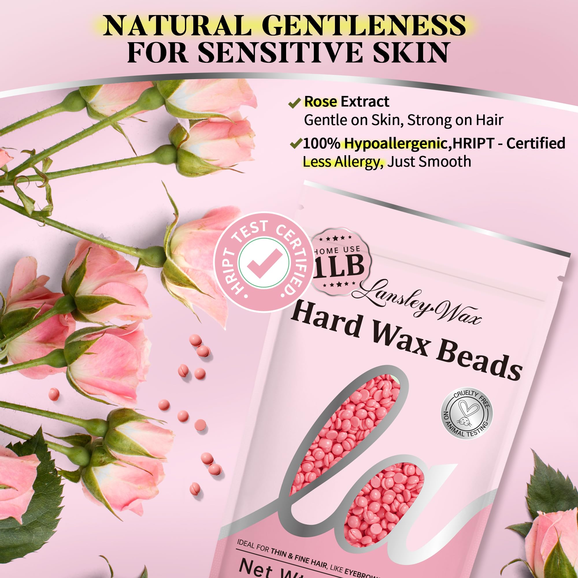 LANSLEYWAX Pink Hard Wax Beads, 1LB Wax Beans for Sensitive Skin & Full-Body Hair Removal, Brazilian/Bikini/Face/Legs/Eyebrow/Armpit/Chest Waxing Refill at Home for Women & Men, Stripless Formula