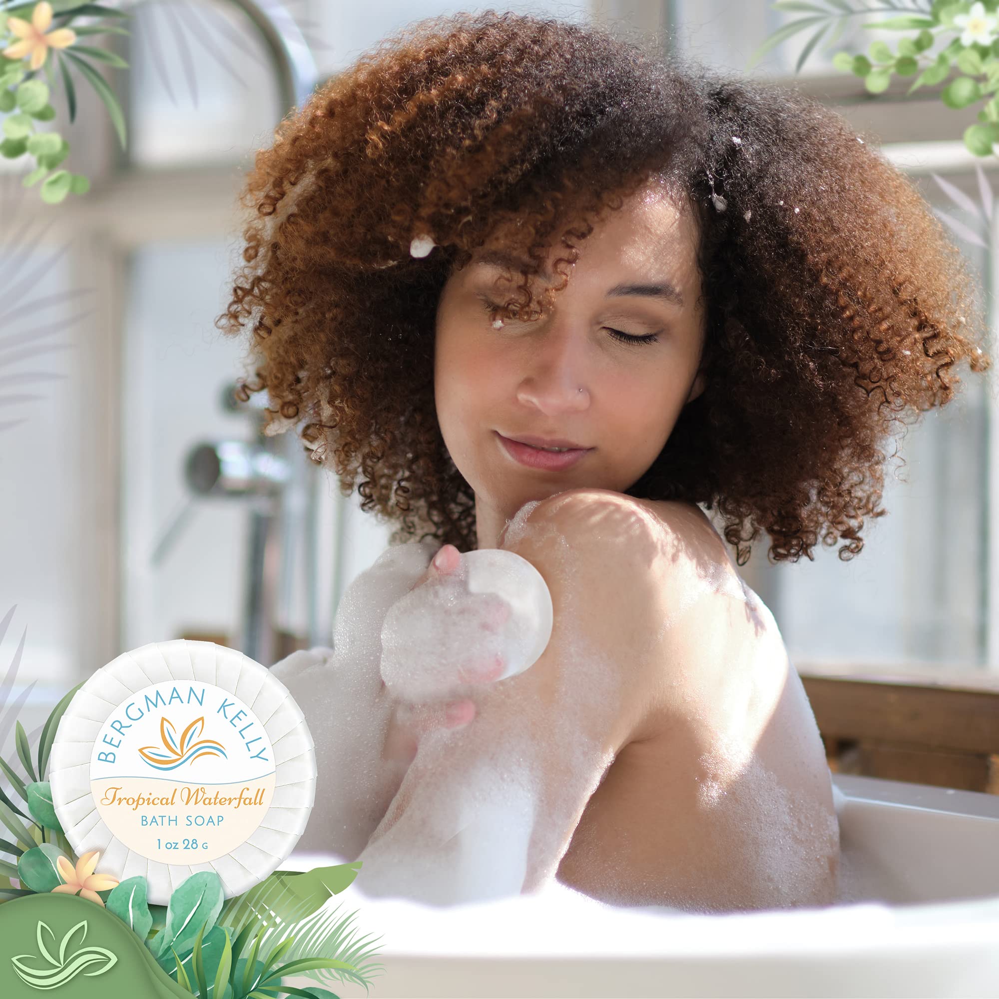 BERGMAN KELLY - Hotel Soap Bars in Bulk - Tropical Waterfall, 1 oz, 200 PK - Small Individually Wrapped Round Soap - Travel Size Mini Toiletries for Airbnb, Motel, Guest Bathroom