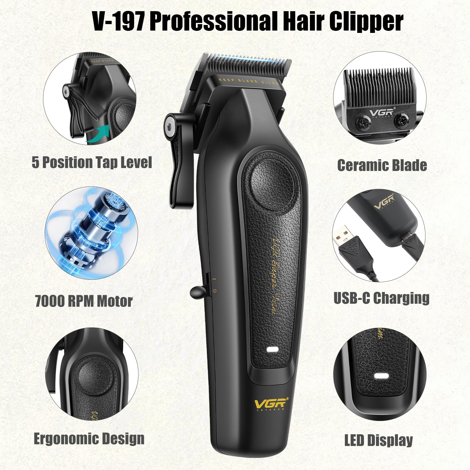 VGR Professional Hair Clippers for Men - Cordless Barber Clippers & Zero Gapped Trimmer Set, 7000RPM High Power Hair Cutting Kit with Ceramic Blade, USB-C Rechargeable Grooming Tools for Fade V197&995