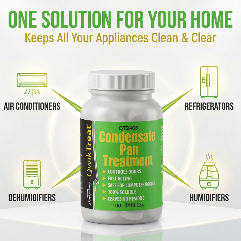 QwikTreat AC Pan Tablets & HVAC Drain Line Cleaner | Condensate Drain Pan Treatment Tabs | Remove Air Conditioner Pipe Clogs, Algae, & Control Odors for Effective Maintenance (100 Tabs)