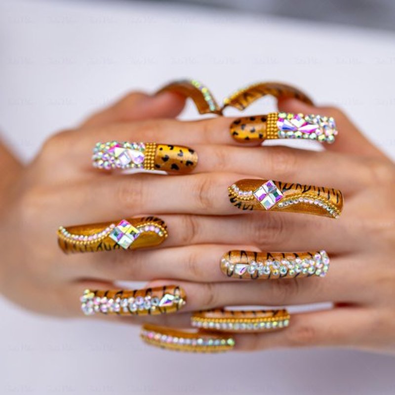 IntoVibes Leopard Cat Eye Rhinestone Press On Nails Handmade Curved Down Groove Design, Gold Metallic Long Nails with 3D AB Crystals, Heavy Detail Luxury Fake Nail Tips, Square Acrylic Nails (M)
