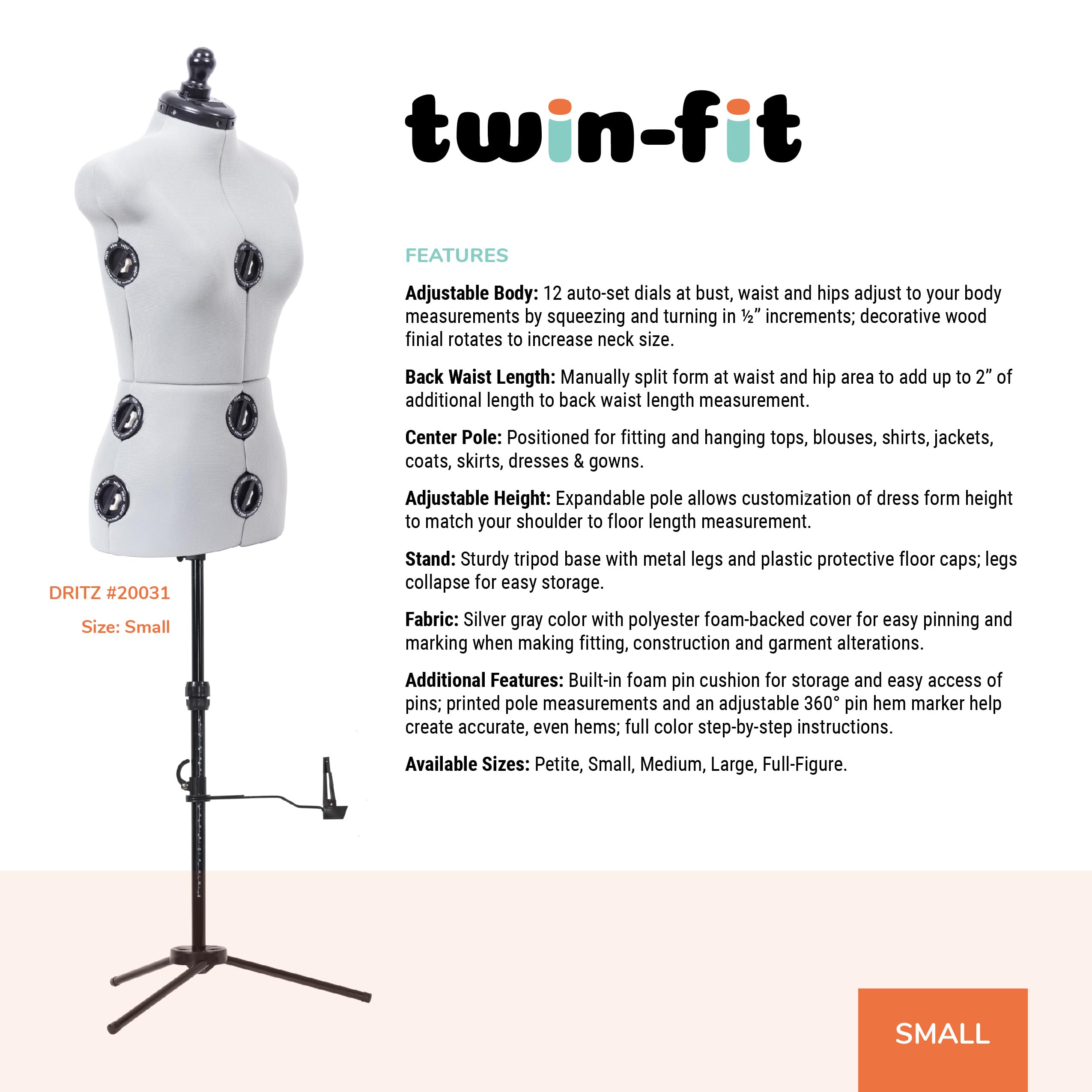Dritz Twin-Fit Adjustable Dress Form - Small Sizes US 4-10 - Female Clothing Mannequin for Sewing, Fitting, and Draping - Pinnable Sewing Mannequin with 13 Dials for Fitting + 360 Hem Guide