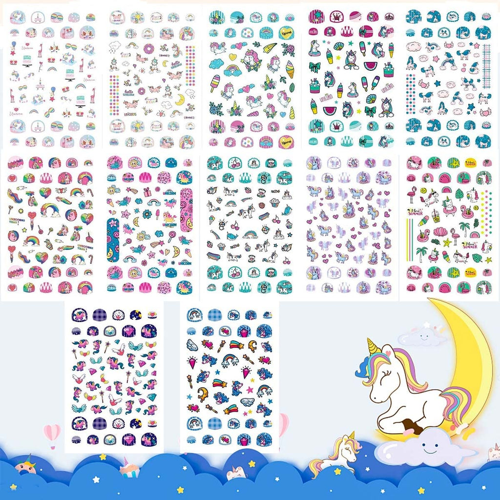 VIWIEU Small Unicorn Nail Stickers and Decals for Kids Little Girls 12 Sheets Birthday Party Favors, 600+ Cute Toddler Tiny Fingernail Wraps, Easter Basket Filler, Christmas Holiday Gift