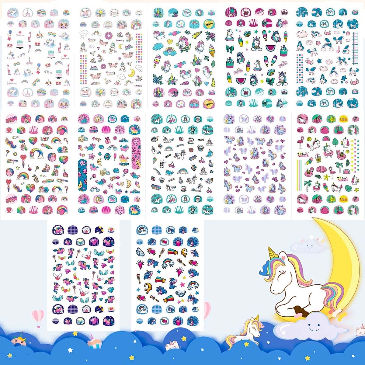 VIWIEU Small Unicorn Nail Stickers and Decals for Kids Little Girls 12 Sheets Birthday Party Favors, 600+ Cute Toddler Tiny Fingernail Wraps, Easter Basket Filler, Christmas Holiday Gift