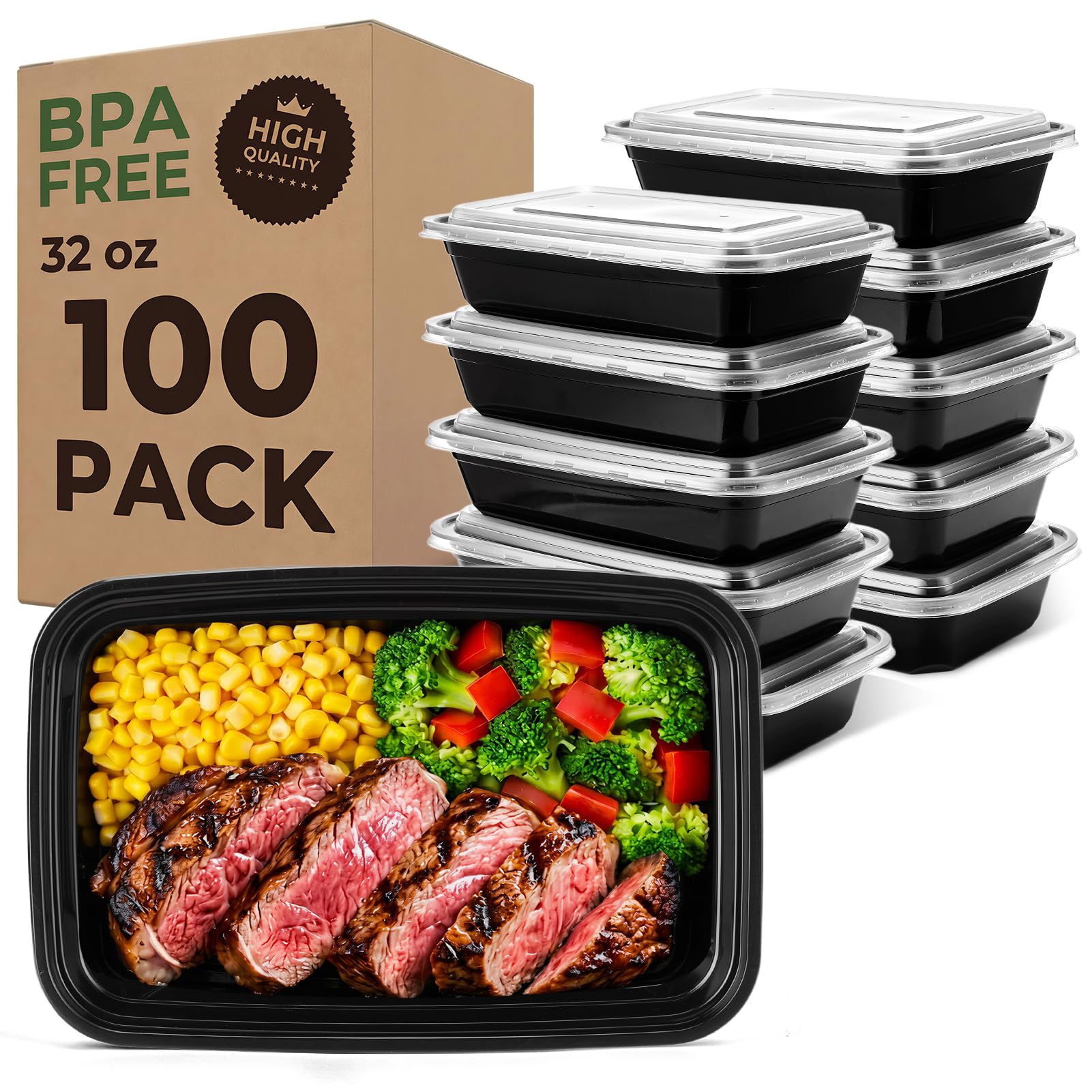 Glotoch Express Meal Prep Containers with Lids 32oz 100 Pack (200 Piece)