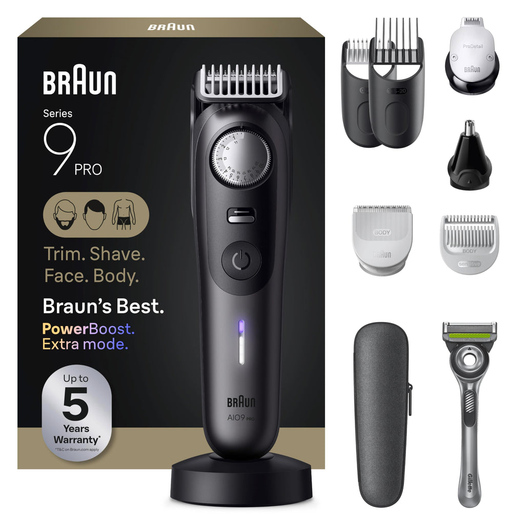 Braun Series 9 PRO All-in-One Beard & Body Grooming Kit for Men, Cordless Trimmer, Hair Clippers & Shaver for Face, Hair & Body with Gillette Labs Razor, AIO 9555
