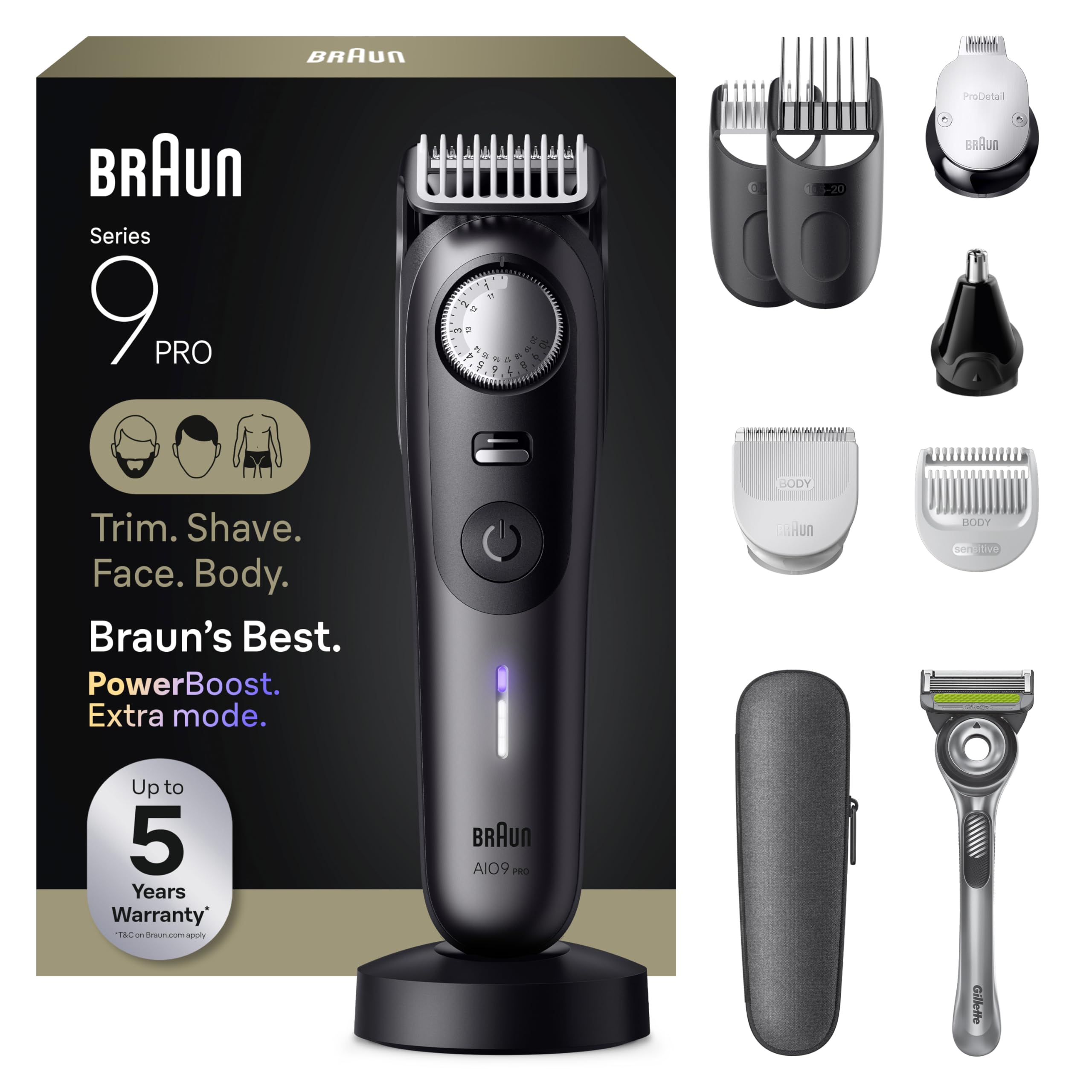 Braun Series 9 PRO All-in-One Beard & Body Grooming Kit for Men, Cordless Trimmer, Hair Clippers & Shaver for Face, Hair & Body with Gillette Labs Razor, AIO 9555