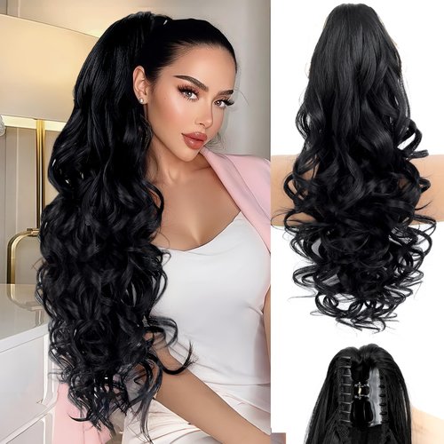 Ponytail Extension, 26 Inch Long Pony tails Hair Extensions for Women Wavy Curly Claw Clip Ponytail Fluffy Natural Fake Pony tail Hair Pieces for Women (Black, 26 Inch)