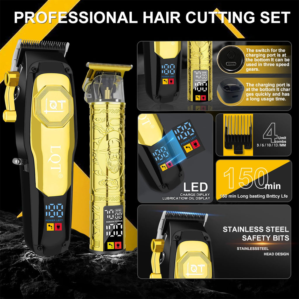 LQT Professional Cordless Hair Clippers for Men, Rechargeable Barber Clipper and Beard Trimmer Set with T-Blade, Adjustable Lever, LED Display,Haircut Trimmer Kit for Home & Barbers,Gold,Gift for Men