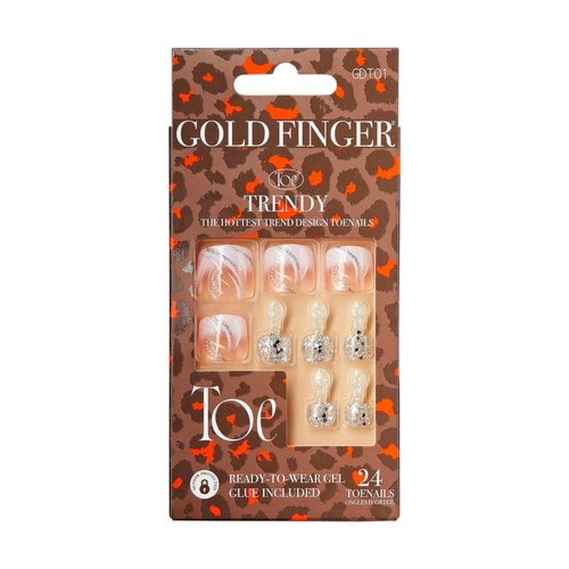 GoldFinger Press On Toenails Regular Fit White Glitter French Design, Squoval Shape, Long Lasting Nail Glue Included, Glue On Toe Nails (Perfect Match) for Beach, Vacation, Special Occasion