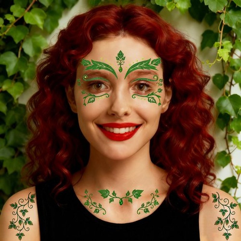 ENYACOS Ivy Face Sticker Set with Face Paint Temporary Tattoos and Green White Face Gems, Glitter Ivy Accessories for Halloween Costume, Cosplay Festival Makeup for Women Girls (A)
