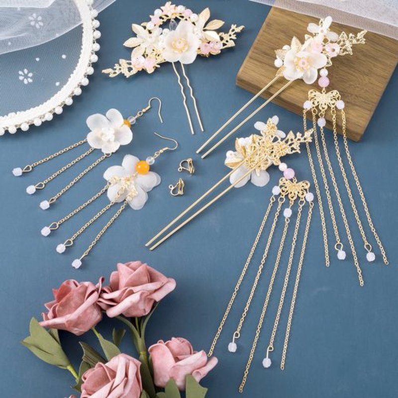 HINZIC 5Pcs Flowers Tassel Hair Pins Set, Crystal Rhinestone Pearl Hair Stick, Chinese Hanfu Traditional Wedding Classical Hair Accessories Earrings Set for Women Girls Updo Long Hair