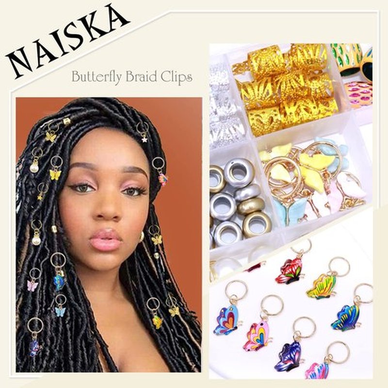 NAISKA 185Pcs Gold Butterfly Hair Jewelry for Braids Various Butterflies Hair Charms Locs Dreadlock Accessories Hair Decoration Metal Hair Cuffs Hair Rings Jewelry for Women