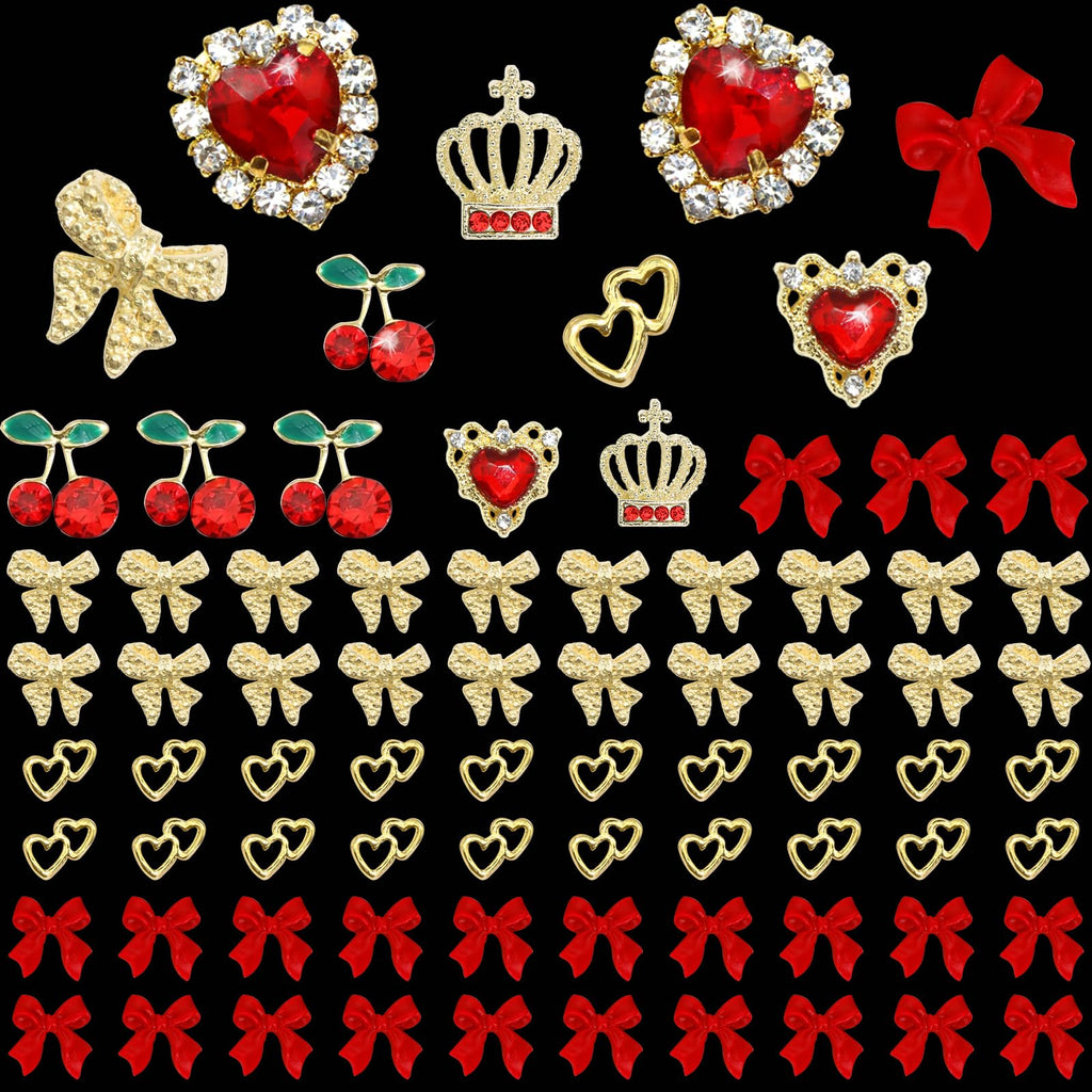 YAEISM Gold Nail Charms 100pcs - 7 Styles Red Bow, Crystal Cherry, Heart, Sparkly Crown, Bowknot Art Gems Rhinestones for Women and Girls