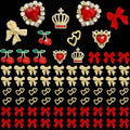 YAEISM Gold Nail Charms 100pcs - 7 Styles Red Bow, Crystal Cherry, Heart, Sparkly Crown, Bowknot Art Gems Rhinestones for Women and Girls
