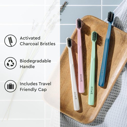 Boka Classic Manual Toothbrush - Extra Soft Activated Charcoal Bristles | Bioplastic Handle with Travel Cap (Pack of 4)