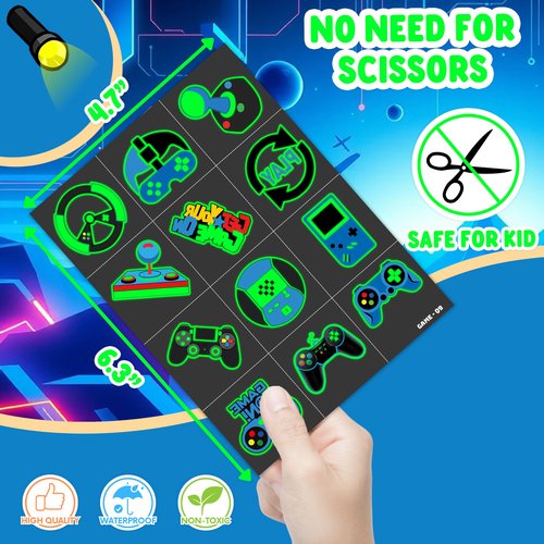 96 PCS Game Pre-Cut Luminous Glow in the dark Temporary Tattoos Themed for Kids Birthday Party Decorations Supplies Favors Decor Super Cute Tattoo Stickers Sticker Gifts for Games Boys Girls