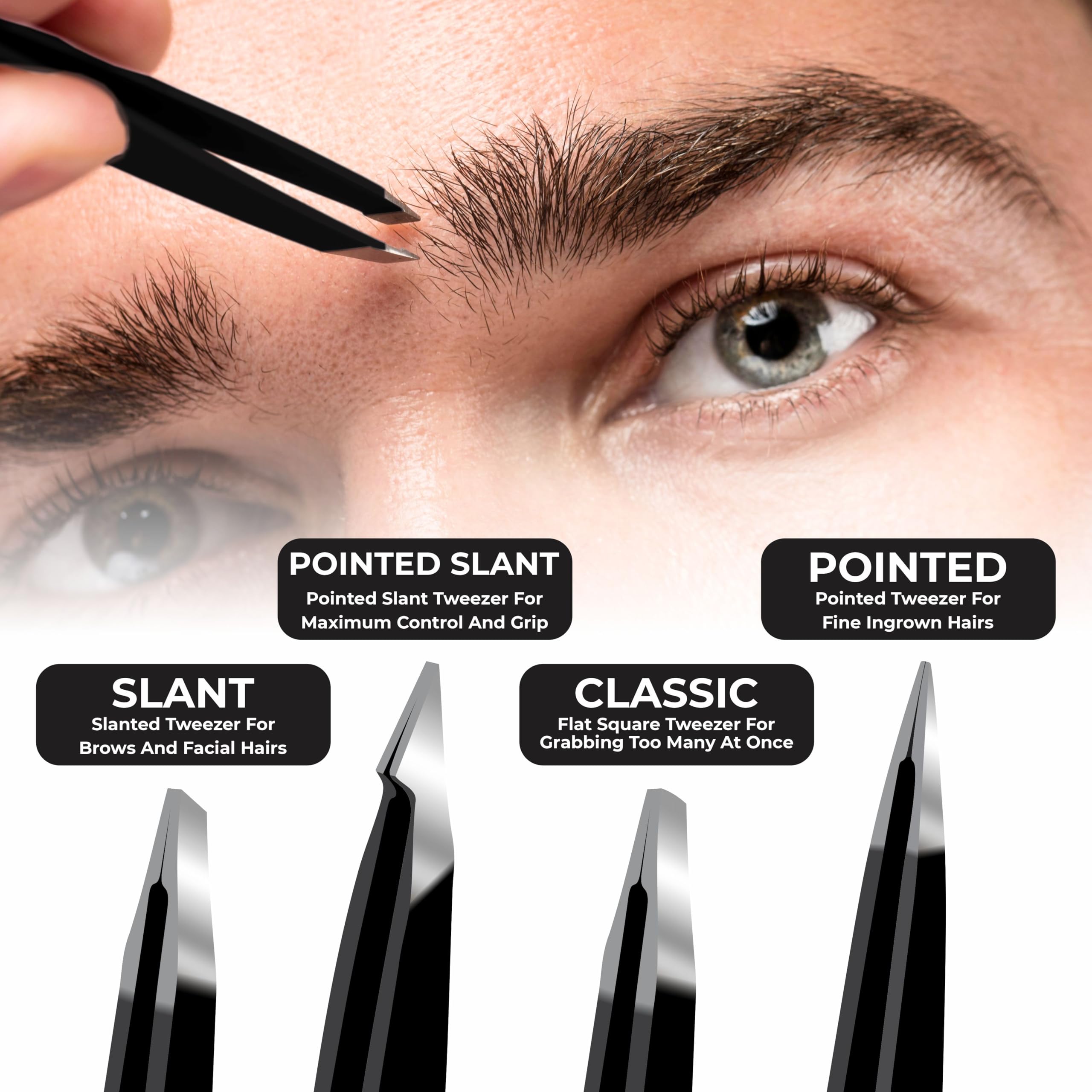 Professional Eyebrow Tweezers Set of 4 – Stainless Steel Precision Tweezers Kit for Facial Hair Removal, Ingrown Hair, Splinter & Eyebrow Shaping for Women & Men